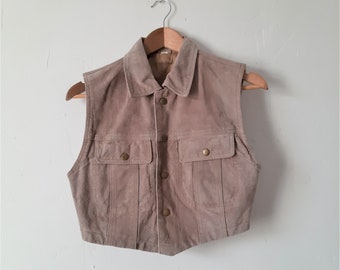 Vintage leather vest, suede crop top size small in taupe