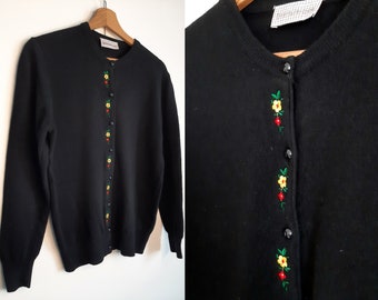 Vintage embroidered black cardigan size small, floral wool jacket 80s