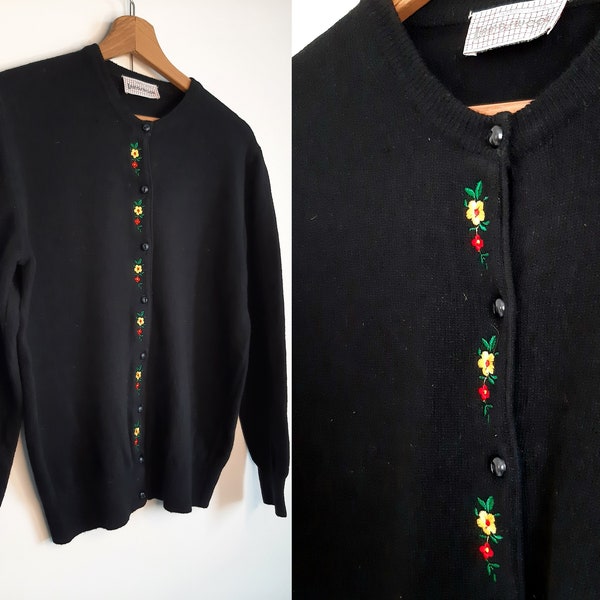 Vintage brodé noir cardigan taille petit, veste en laine florale années 80