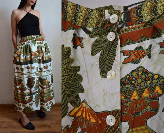 Vintage front button ethnic print maxi skirts, jun