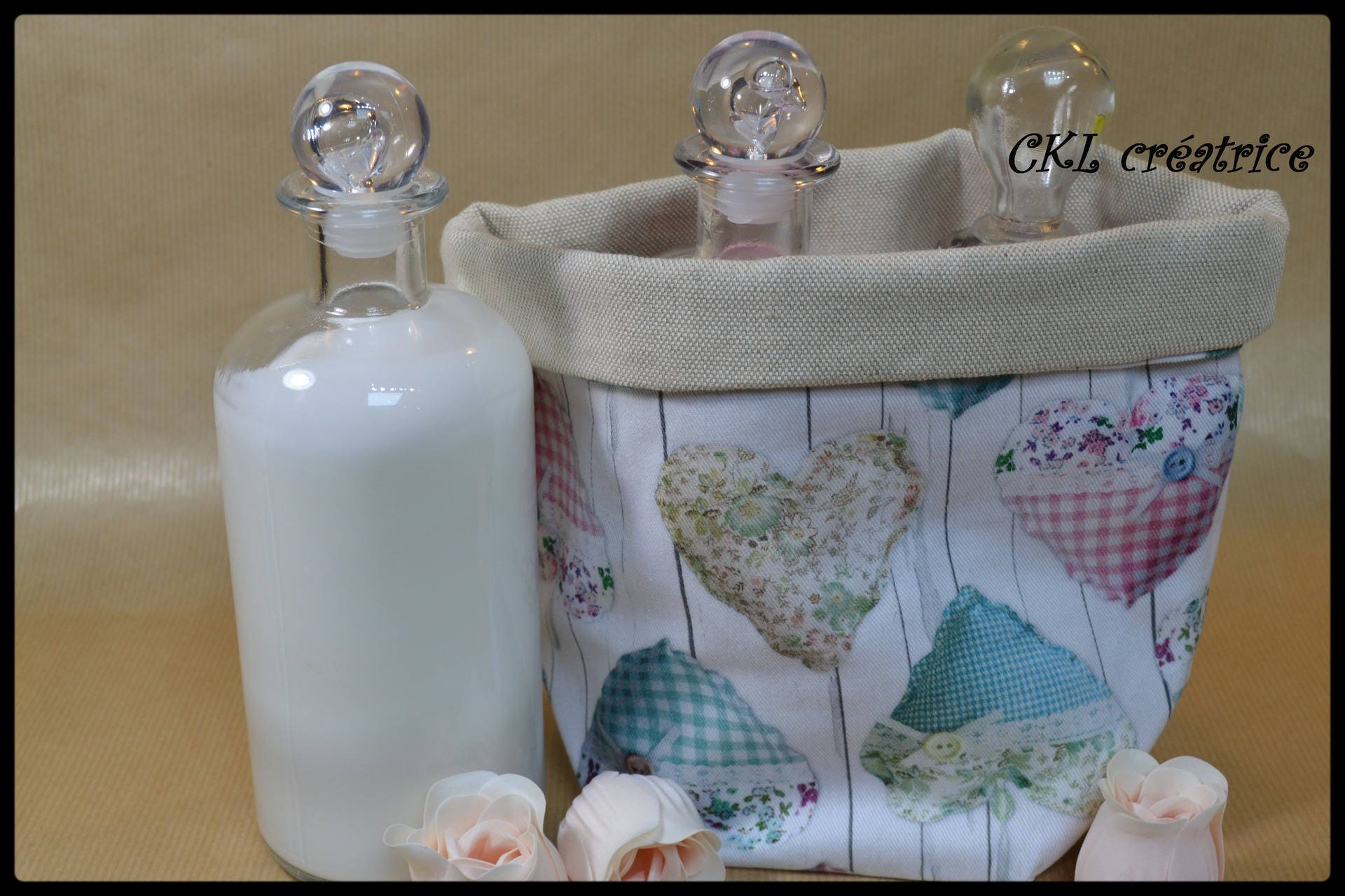 Panière Tissu Imprimé Cœur, et Beige Réversible