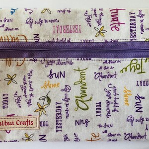 Pencil Case With Zipper // White with Colourful Inspirational words // FREE Beaded zipper charm // Back to school
