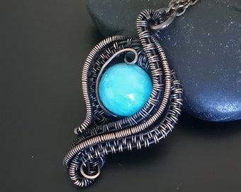 Blue Wire Wrapped Pendant, Wire Jewelry, Gifts For Her, Wife Birthday Gift