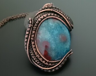 Blue Agate Copper Wire Wrapped Pendant: Gemstone Jewelry