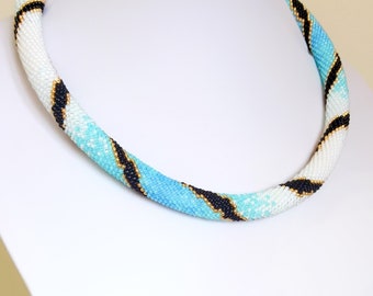 Blue White Beaded Necklace, Crochet Beadwork Necklace