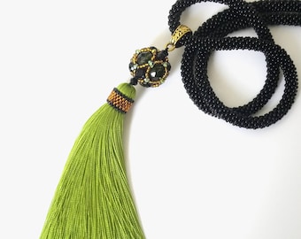 OLIVE GREEN long tassel fringe beaded crochet summer necklace, bohemian handmade jewelry