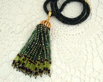 Green long tassel fringe beaded crochet necklace, bohemian handmade jewelry