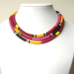 Pink geometric long necklace, birthday gift, lariat rope african jewelry, summer seed bead necklace