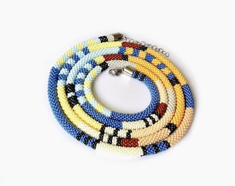 Extra long geometric lariat necklace, boho necklaces for women, seed bead necklace, handmade jewelry
