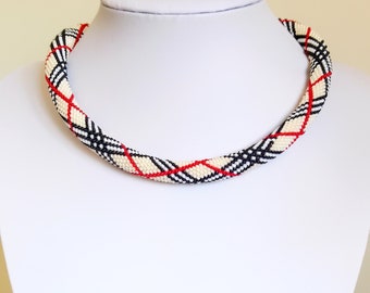 Geometric Crochet Seed Bead Necklace: Beige Black Red White