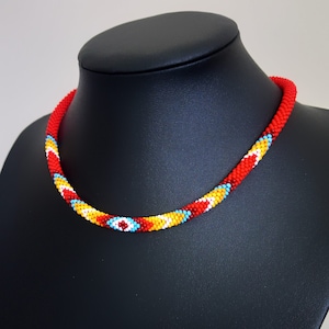 Red Thin Ethnic inspired Beadwork Necklace, Gifts for her, Beaded Crochet Rope Necklace (N10)