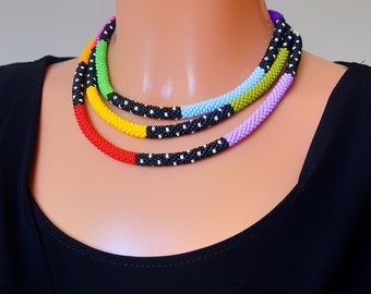 Colorful Seed Bead Lariat Necklace: Extra Long Crochet Boho Jewelry