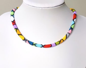 Thin Geometric Multi Color Beaded Crochet Necklace