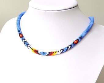 Periwinkle Beaded Crochet Necklace: Ethnic Style Seed Bead Jewelry #12