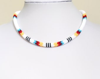 White Beaded Crochet Necklace: Ethnic Inspired Jewelry
