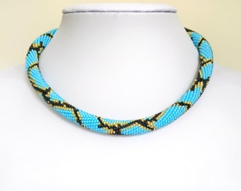 Blue snake beaded crochet necklace for women, snake python jewelry