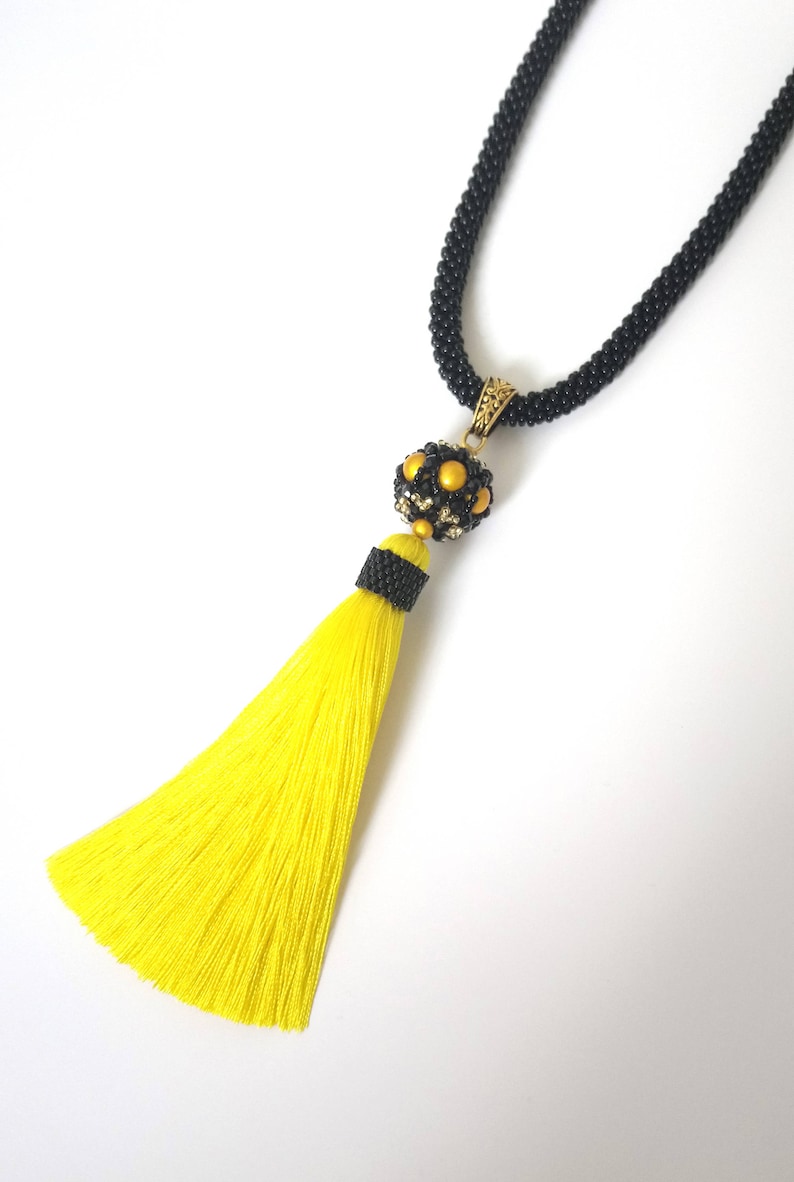 bohemian handmade jewelry YELLOW long tassel fringe beaded crochet summer necklace