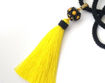 YELLOW long tassel fringe beaded crochet summer necklace, bohemian handmade jewelry