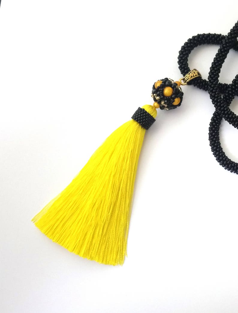 bohemian handmade jewelry YELLOW long tassel fringe beaded crochet summer necklace