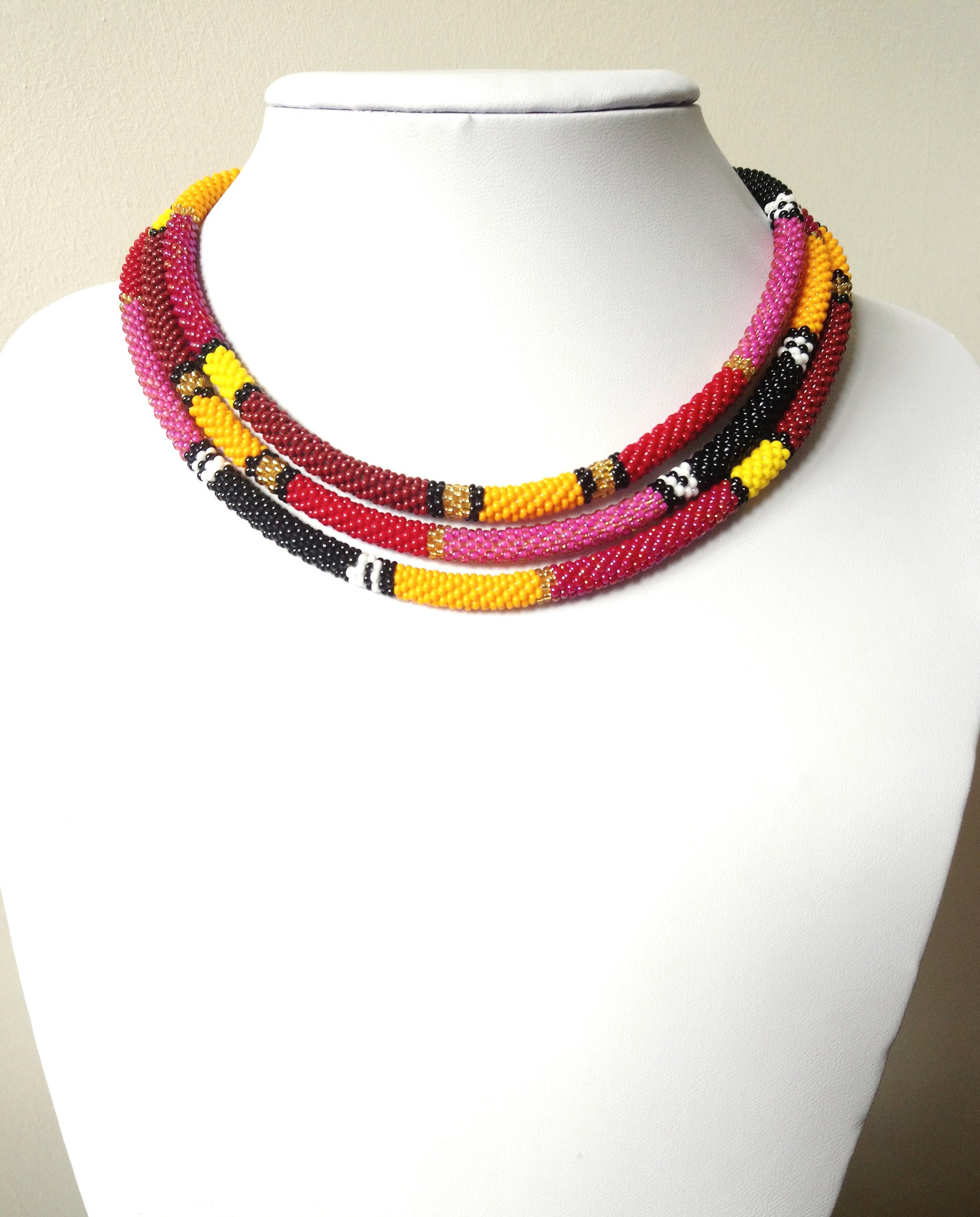 Rasta colours African Zulu beaded multistrand necklace gift for her 