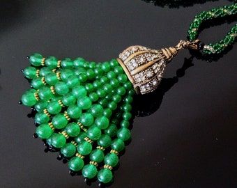 Green Jade long tassel fringe beaded crochet summer necklace, bohemian handmade jewelry