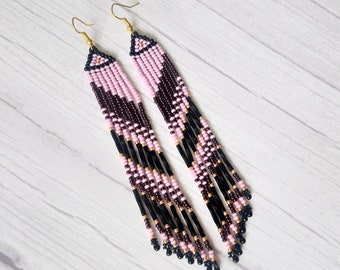 Extra Long Beaded Earrings: Czech Seed Beads, Boho Statement Jewelry
