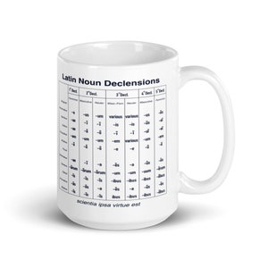 Pode incluir: Caneca de cer&acirc;mica branca com um gr&aacute;fico em preto e branco das declina&ccedil;&otilde;es dos substantivos latinos. O gr&aacute;fico inclui o n&uacute;mero de declina&ccedil;&atilde;o, o g&ecirc;nero e as termina&ccedil;&otilde;es para cada declina&ccedil;&atilde;o. O texto na parte inferior da caneca diz "scientia ipsa virtue est".