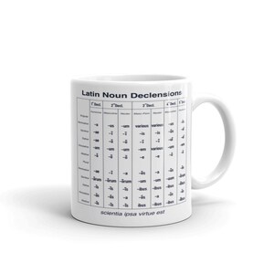 Pode incluir: Caneca de cer&acirc;mica branca com um gr&aacute;fico em preto e branco das declina&ccedil;&otilde;es dos substantivos latinos. O gr&aacute;fico inclui as formas singular e plural dos substantivos na primeira, segunda, terceira, quarta e quinta declina&ccedil;&atilde;o. O texto na parte inferior do gr&aacute;fico diz "scientia ipsa virtue est".