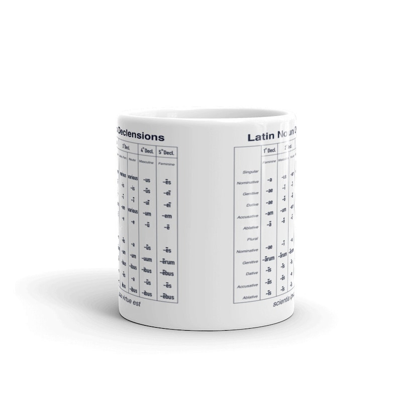 Pode incluir: Caneca de cer&acirc;mica branca com um gr&aacute;fico em preto e branco das declina&ccedil;&otilde;es de substantivos latinos. O gr&aacute;fico inclui as formas singular e plural dos substantivos na primeira, segunda, terceira, quarta e quinta declina&ccedil;&atilde;o.
