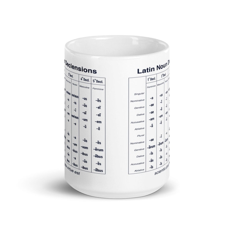 Pode incluir: Caneca de cer&acirc;mica branca com um gr&aacute;fico em preto e branco das declina&ccedil;&otilde;es de substantivos latinos. O gr&aacute;fico inclui as primeiras, segundas, terceiras, quartas e quintas declina&ccedil;&otilde;es. A caneca &eacute; um &oacute;timo presente para estudantes de latim ou qualquer pessoa que ame a l&iacute;ngua.