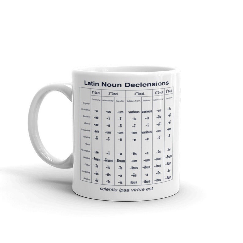 Pode incluir: Uma caneca de cer&acirc;mica branca com um gr&aacute;fico em preto e branco das declina&ccedil;&otilde;es de substantivos latinos. O gr&aacute;fico inclui as formas singular e plural dos substantivos nos casos nominativo, genitivo, dativo, acusativo, ablativo, vocativo e locativo. O texto na parte inferior do gr&aacute;fico diz "scientia ipsa virtue est".