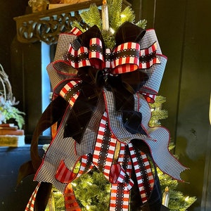 The Natasha Black Red & White Christmas Tree Topper Bow, winter bow for wreath, long streamer mailbox bow, christmas decor, XXL Bow