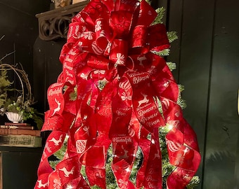 The Bella Red & Green Plush Velvet XL Christmas Tree Topper Bow