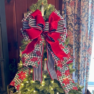 The Christine Red Black Green & White Christmas Tree Topper Bow, Cottage style bow, bow for wreath, luxury ribbon bow, bow for tree