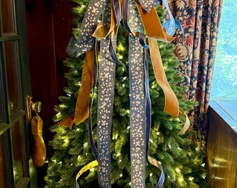 The Helene Blue & Gold Christmas Tree Topper Bow, Christmas bow for wreaths, Brass and blue bow, multicolor tree topper bow