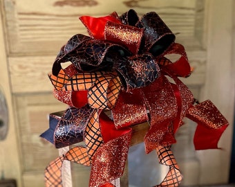 The Morticia Black and Orange Halloween Spiderweb Bow, bow for wreaths, lantern mailbox bow, spooky bow, creepy bow, spider bow