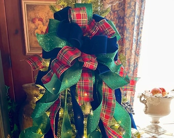 The Anka Red Emerald Green & Navy Velvet Christmas Tree Topper Bow, Luxury Bow, Xmas bow, blue bow, ribbon topper, tree trimming bow