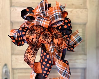 Orange Black White Fall Bow, Halloween Spiderweb Plaid Polka Dot