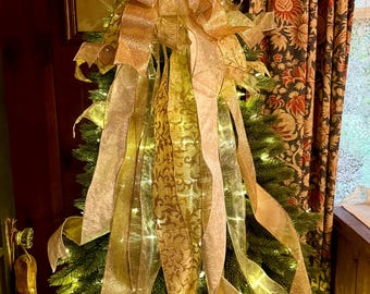 The Blitzen White and Gold Christmas Tree Topper Bow, long streamer gold bow, big gold christmas tree bow, XL bow