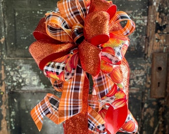 Orange Pumpkin Wreath Bow, Black White Plaid, Fall Decor