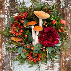 The Augusta Fall Wreath For Front Door, Orange & Russet Autumn Wreath, mushroom wreath, multi season wreath, Elegant garden fall wreath