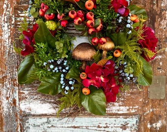 The Chantel Spring Crabapple Wreath For Front Door, Blueberry country cottage wreath, Farmhouse Forest fern & mushroom wreath