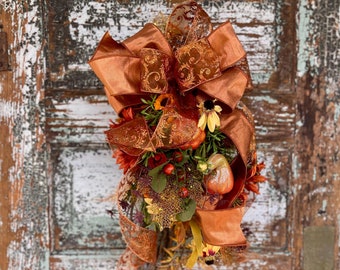 Ember Fall Pumpkin Door Swag, Copper Ribbon, Farmhouse Autumn Decor