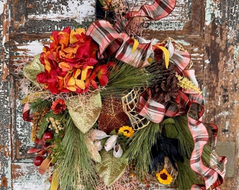 Fall Front Door Wreath, Berries, Hydrangea, Raven and Pine