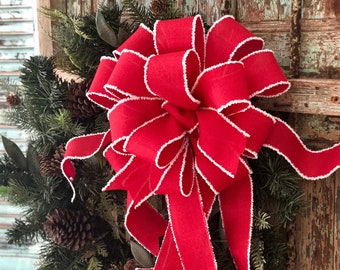 The Mariah red and white Christmas tree topper bow-bow with long streamers-xl bow for wreaths-swag bow-mailbox bow-lamppost bow