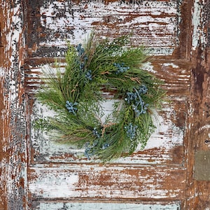 Juniper Pine Christmas Wreath Candle Ring, Farmhouse Winter Cabinet Wreath, Small wreath for door, large candle ring for pillar candles