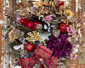 Plum Fall Wreath, Front Door Decor, Farmhouse Style with Plaid Bow