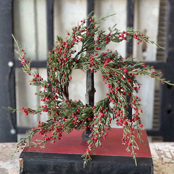 The Hollie Berry Cedar Pine Candle Ring, Red berry winter candle ring, mini christmas wreath, farmhouse Christmas decor, Cottage core decor