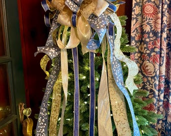 The Lena Blue & Gold Christmas Tree Topper Bow, Christmas bow for wreaths, Gold and blue bow, multicolor tree topper bow