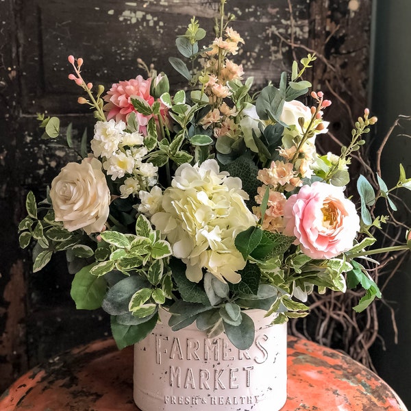 The Lumi Oversize Rustic Farmhouse Spring Centerpiece For Table~All season cottage~French country shabby chic~white & pink wedding florals